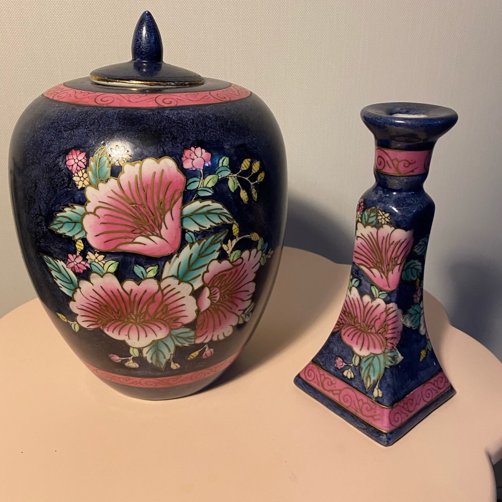 Vintage Chinese Ginger Jar and Candleholder